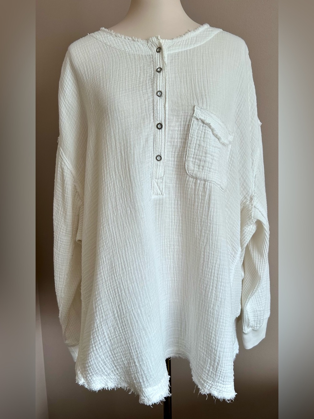 We The Free/Free People Oversized 100% Cotton Gauze Henley Tunic in White